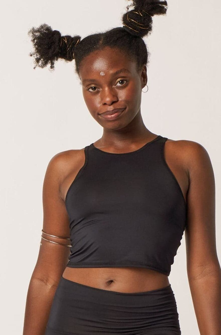 Teeki Tank Crop Top M/L Solid Black Style Pilates Yoga Anti-Microbial Fitness